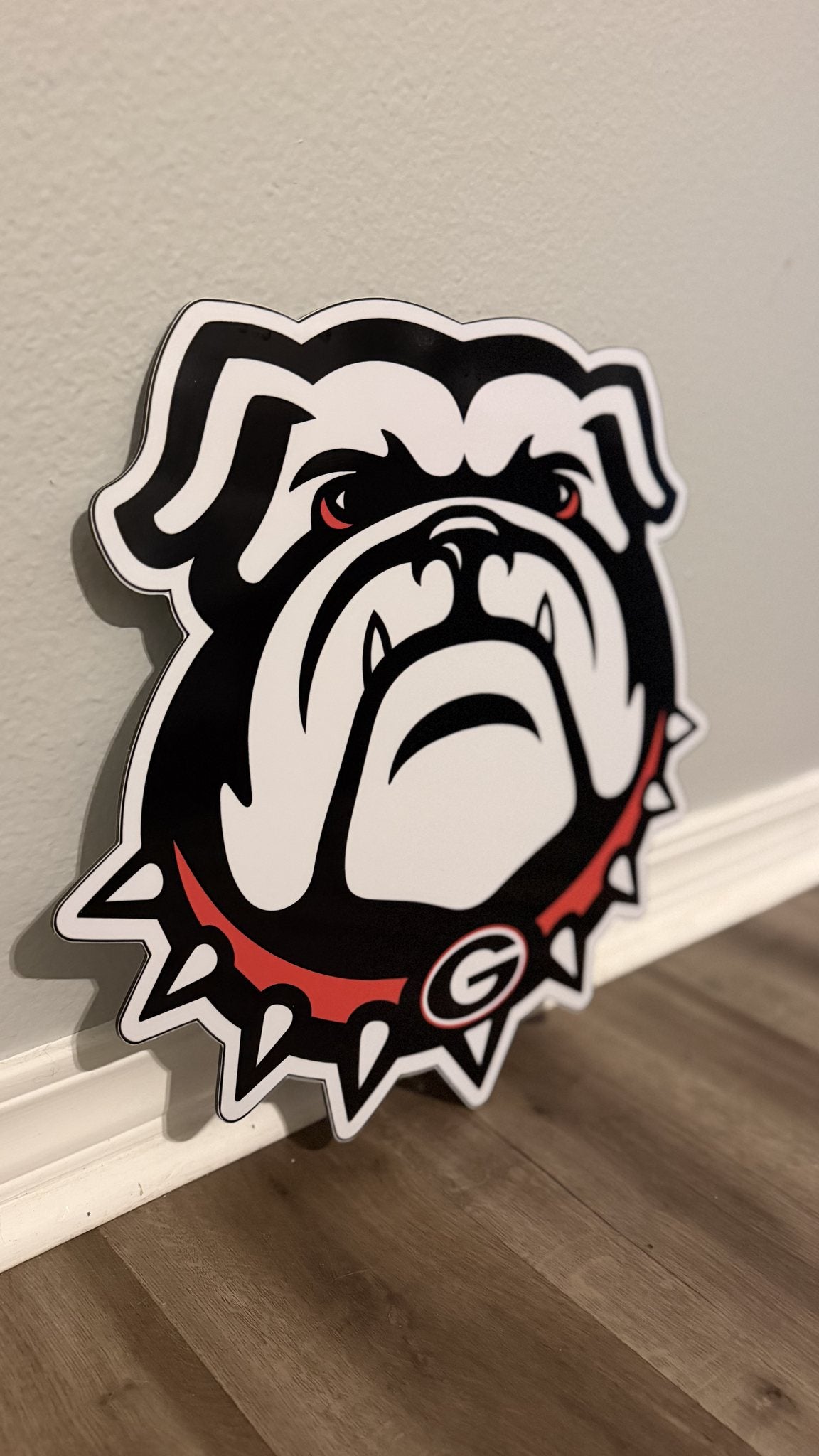 Custom die-cut bulldog mascot sign with layered black, white and red graphics